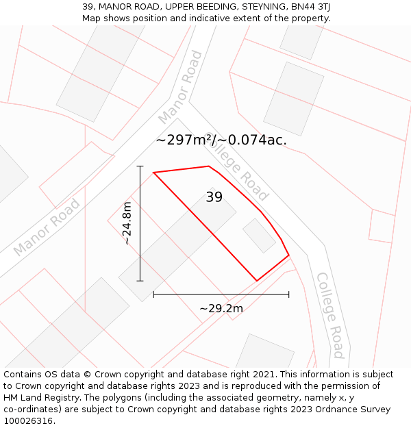 39, MANOR ROAD, UPPER BEEDING, STEYNING, BN44 3TJ: Plot and title map