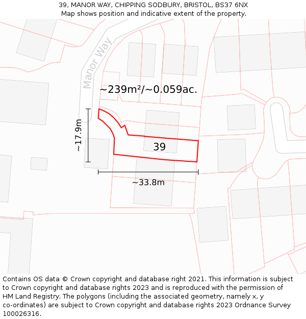 39, MANOR WAY, CHIPPING SODBURY, BRISTOL, BS37 6NX: Plot and title map