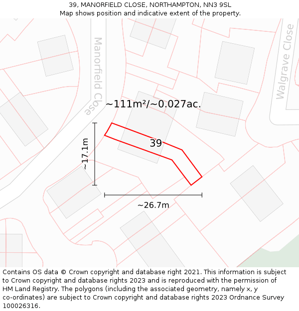 39, MANORFIELD CLOSE, NORTHAMPTON, NN3 9SL: Plot and title map