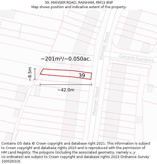 39, MANSER ROAD, RAINHAM, RM13 8NP: Plot and title map