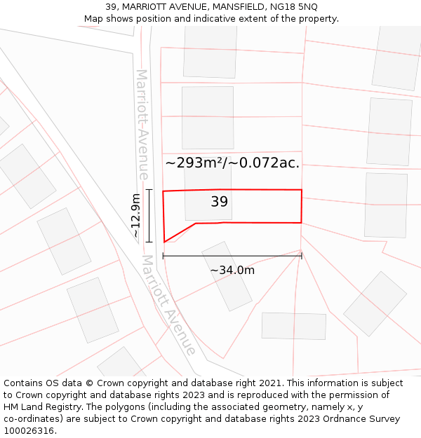 39, MARRIOTT AVENUE, MANSFIELD, NG18 5NQ: Plot and title map