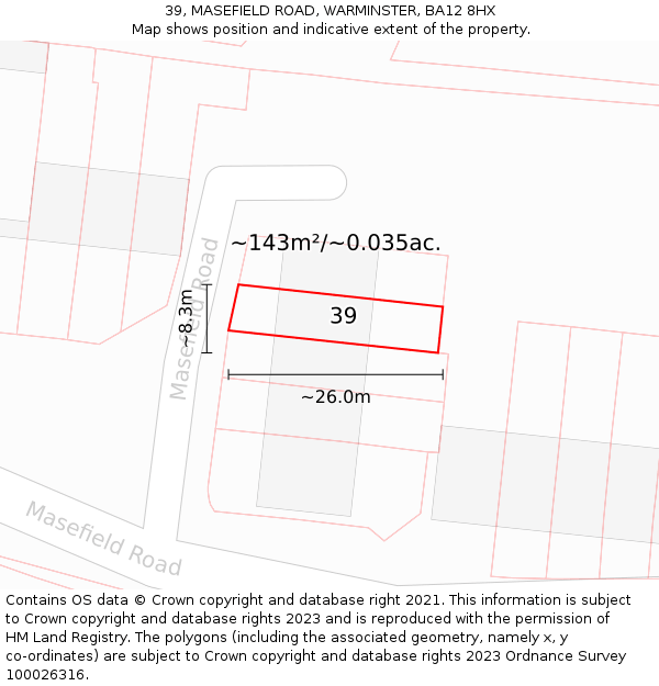 39, MASEFIELD ROAD, WARMINSTER, BA12 8HX: Plot and title map