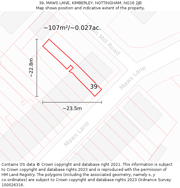 39, MAWS LANE, KIMBERLEY, NOTTINGHAM, NG16 2JB: Plot and title map