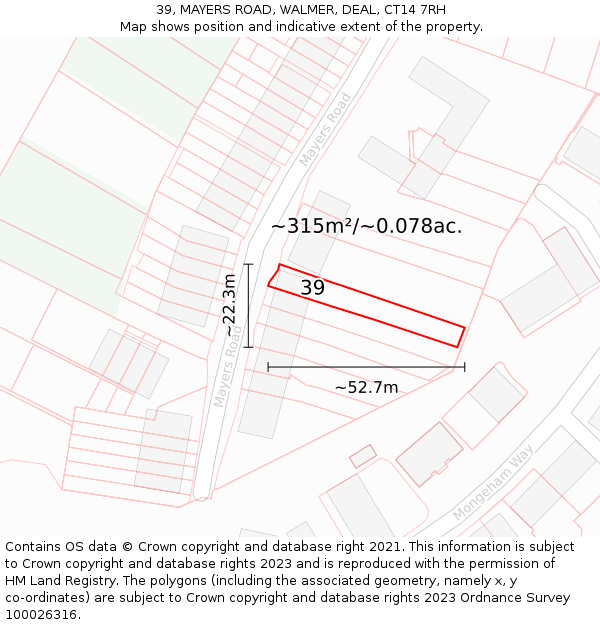 39, MAYERS ROAD, WALMER, DEAL, CT14 7RH: Plot and title map