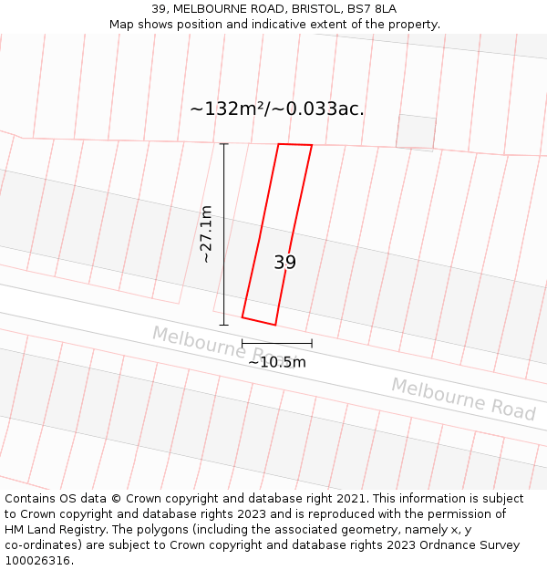 39, MELBOURNE ROAD, BRISTOL, BS7 8LA: Plot and title map