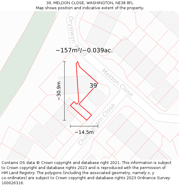 39, MELDON CLOSE, WASHINGTON, NE38 8FL: Plot and title map