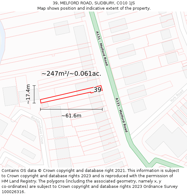 39, MELFORD ROAD, SUDBURY, CO10 1JS: Plot and title map