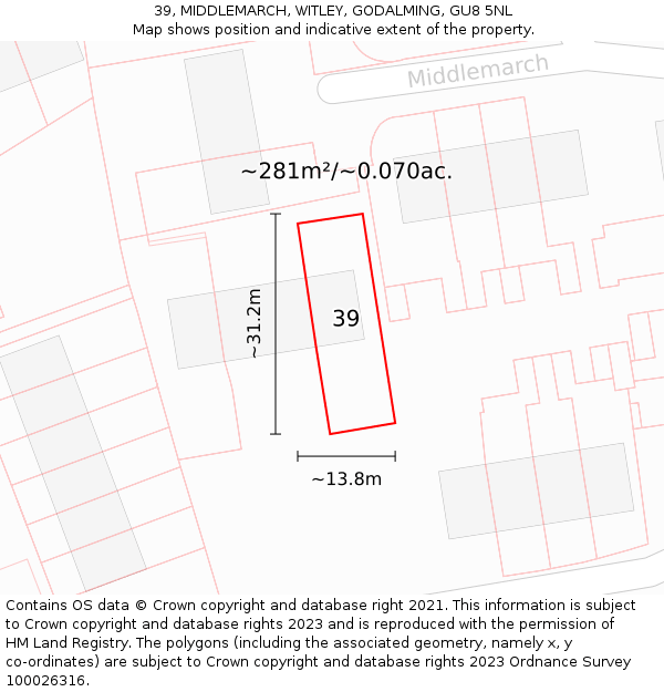 39, MIDDLEMARCH, WITLEY, GODALMING, GU8 5NL: Plot and title map