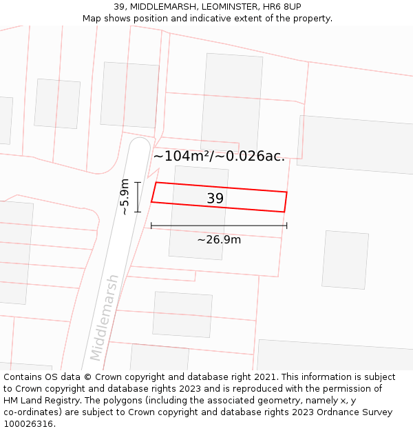 39, MIDDLEMARSH, LEOMINSTER, HR6 8UP: Plot and title map