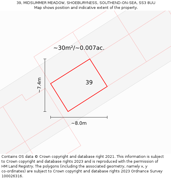 39, MIDSUMMER MEADOW, SHOEBURYNESS, SOUTHEND-ON-SEA, SS3 8UU: Plot and title map