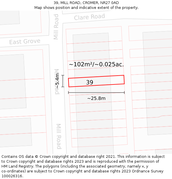 39, MILL ROAD, CROMER, NR27 0AD: Plot and title map