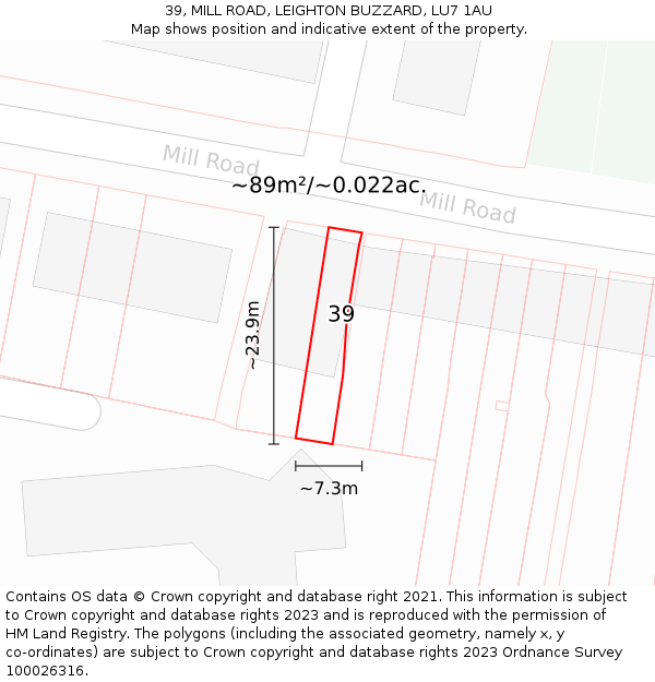 39, MILL ROAD, LEIGHTON BUZZARD, LU7 1AU: Plot and title map