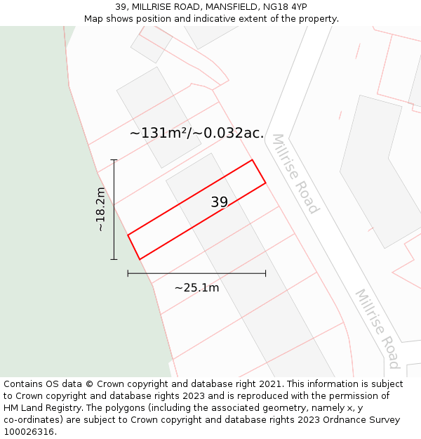 39, MILLRISE ROAD, MANSFIELD, NG18 4YP: Plot and title map