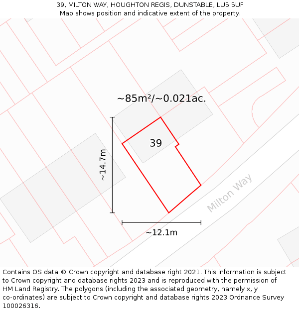 39, MILTON WAY, HOUGHTON REGIS, DUNSTABLE, LU5 5UF: Plot and title map
