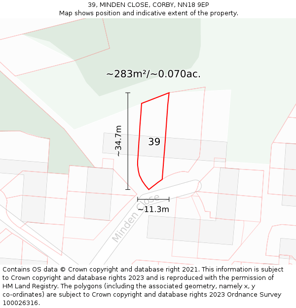 39, MINDEN CLOSE, CORBY, NN18 9EP: Plot and title map