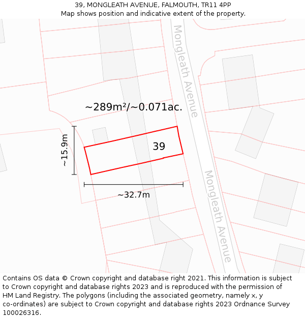 39, MONGLEATH AVENUE, FALMOUTH, TR11 4PP: Plot and title map