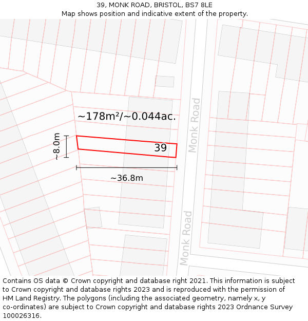 39, MONK ROAD, BRISTOL, BS7 8LE: Plot and title map