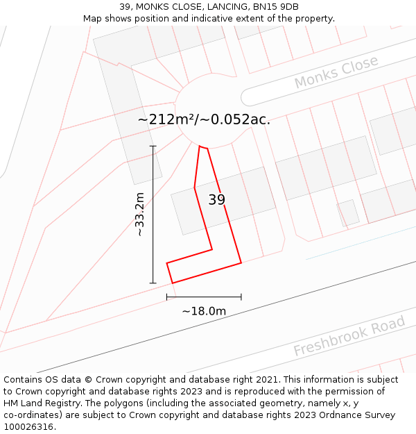 39, MONKS CLOSE, LANCING, BN15 9DB: Plot and title map