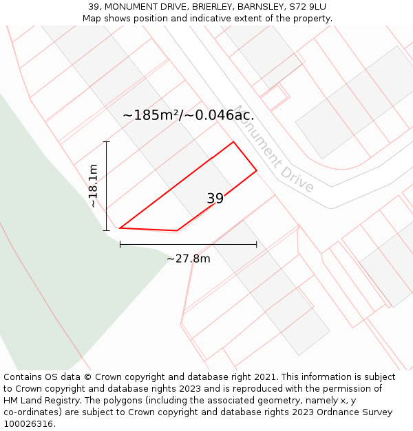 39, MONUMENT DRIVE, BRIERLEY, BARNSLEY, S72 9LU: Plot and title map