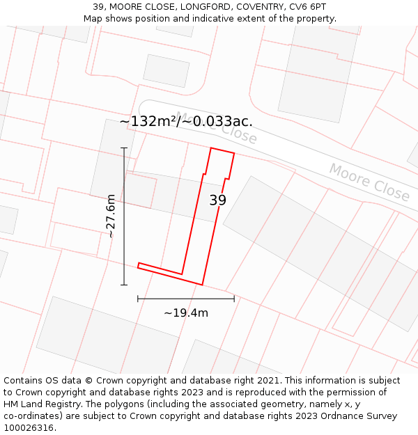 39, MOORE CLOSE, LONGFORD, COVENTRY, CV6 6PT: Plot and title map
