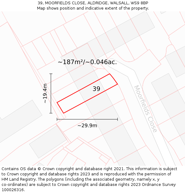 39, MOORFIELDS CLOSE, ALDRIDGE, WALSALL, WS9 8BP: Plot and title map
