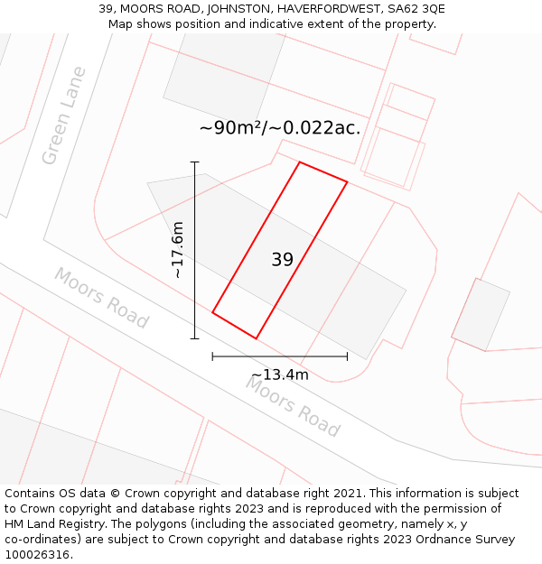 39, MOORS ROAD, JOHNSTON, HAVERFORDWEST, SA62 3QE: Plot and title map