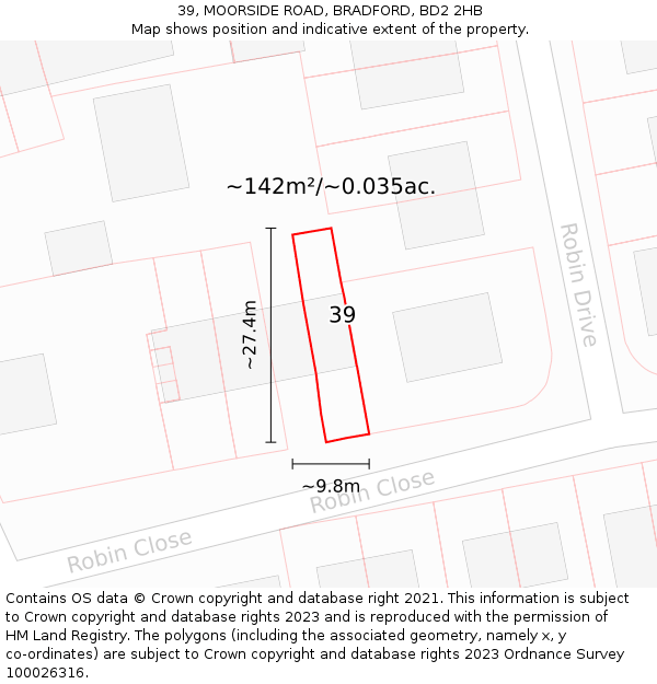 39, MOORSIDE ROAD, BRADFORD, BD2 2HB: Plot and title map
