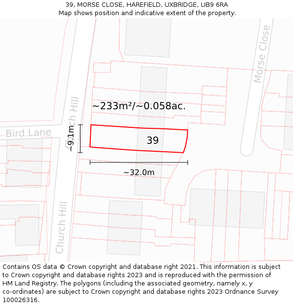 39, MORSE CLOSE, HAREFIELD, UXBRIDGE, UB9 6RA: Plot and title map