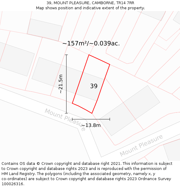 39, MOUNT PLEASURE, CAMBORNE, TR14 7RR: Plot and title map