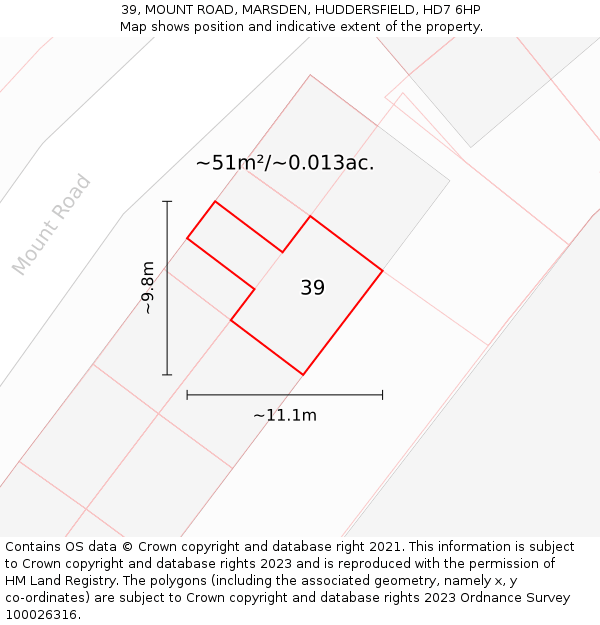 39, MOUNT ROAD, MARSDEN, HUDDERSFIELD, HD7 6HP: Plot and title map