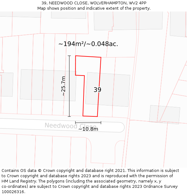 39, NEEDWOOD CLOSE, WOLVERHAMPTON, WV2 4PP: Plot and title map