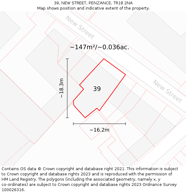 39, NEW STREET, PENZANCE, TR18 2NA: Plot and title map