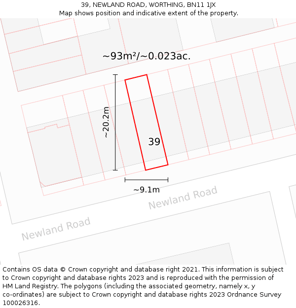 39, NEWLAND ROAD, WORTHING, BN11 1JX: Plot and title map