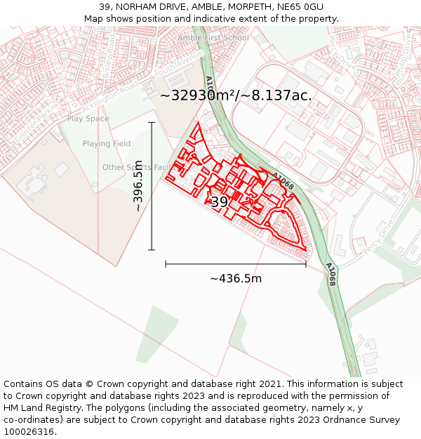 39, NORHAM DRIVE, AMBLE, MORPETH, NE65 0GU: Plot and title map