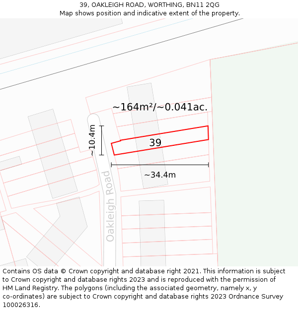 39, OAKLEIGH ROAD, WORTHING, BN11 2QG: Plot and title map