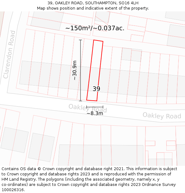 39, OAKLEY ROAD, SOUTHAMPTON, SO16 4LH: Plot and title map