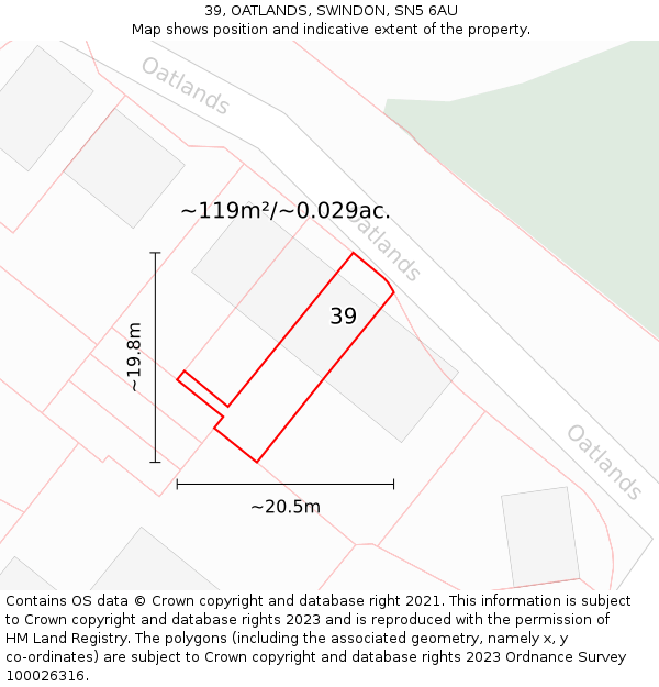 39, OATLANDS, SWINDON, SN5 6AU: Plot and title map