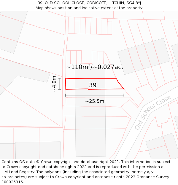 39, OLD SCHOOL CLOSE, CODICOTE, HITCHIN, SG4 8YJ: Plot and title map