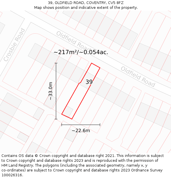 39, OLDFIELD ROAD, COVENTRY, CV5 8FZ: Plot and title map