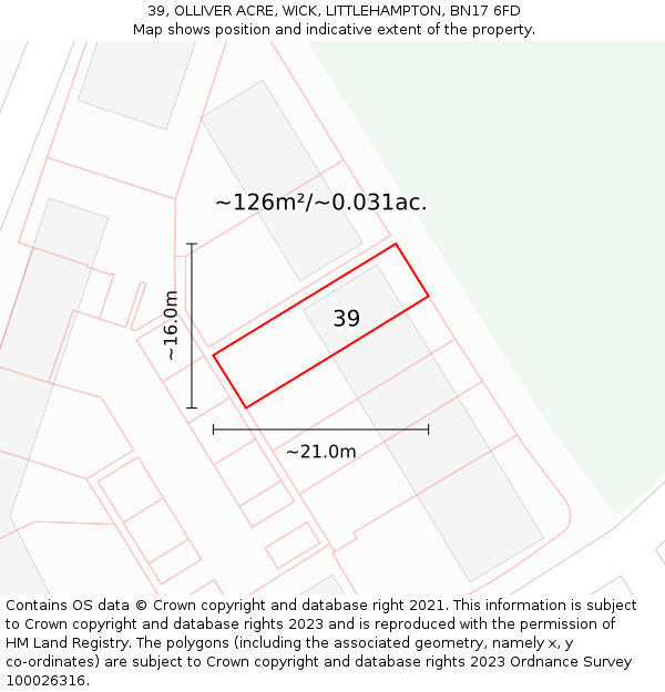 39, OLLIVER ACRE, WICK, LITTLEHAMPTON, BN17 6FD: Plot and title map