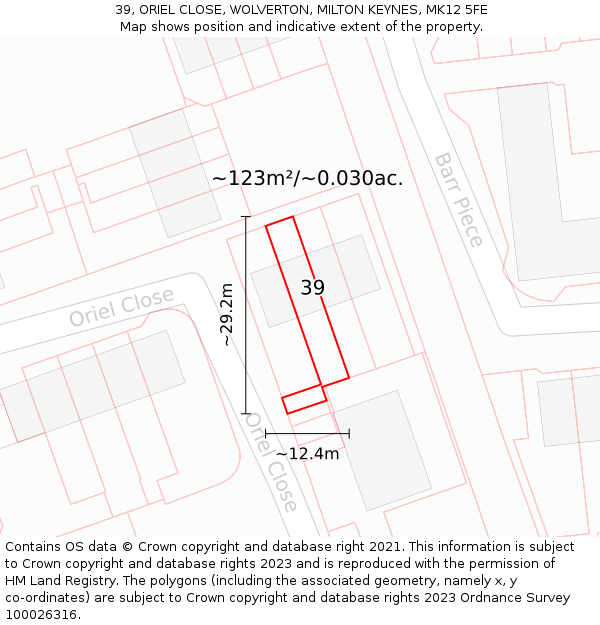 39, ORIEL CLOSE, WOLVERTON, MILTON KEYNES, MK12 5FE: Plot and title map