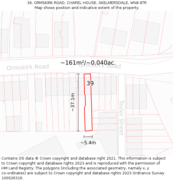 39, ORMSKIRK ROAD, CHAPEL HOUSE, SKELMERSDALE, WN8 8TR: Plot and title map
