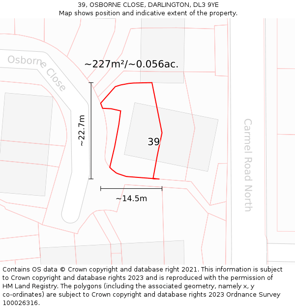 39, OSBORNE CLOSE, DARLINGTON, DL3 9YE: Plot and title map