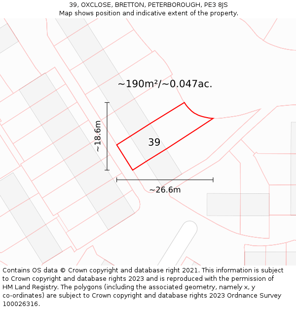39, OXCLOSE, BRETTON, PETERBOROUGH, PE3 8JS: Plot and title map