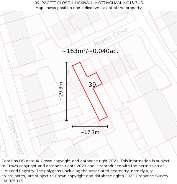 39, PAGETT CLOSE, HUCKNALL, NOTTINGHAM, NG15 7US: Plot and title map