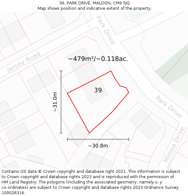 39, PARK DRIVE, MALDON, CM9 5JQ: Plot and title map