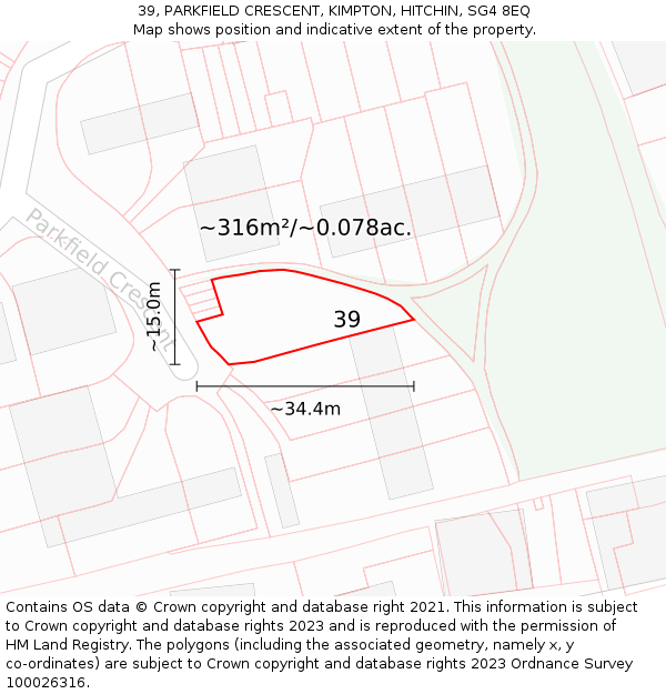 39, PARKFIELD CRESCENT, KIMPTON, HITCHIN, SG4 8EQ: Plot and title map