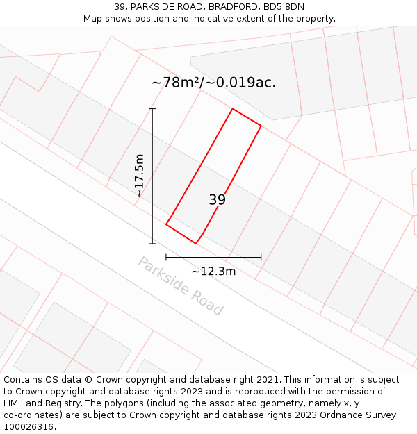 39, PARKSIDE ROAD, BRADFORD, BD5 8DN: Plot and title map