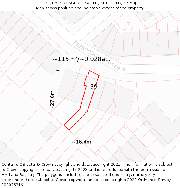 39, PARSONAGE CRESCENT, SHEFFIELD, S6 5BJ: Plot and title map