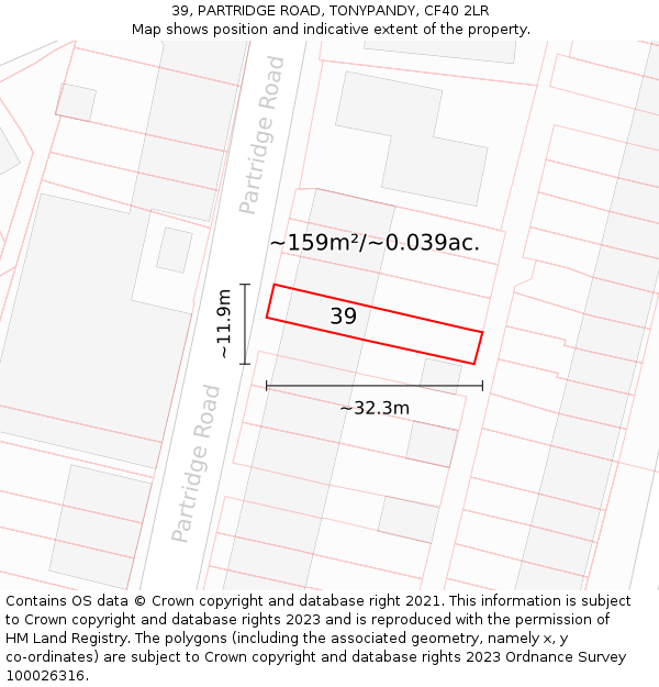 39, PARTRIDGE ROAD, TONYPANDY, CF40 2LR: Plot and title map